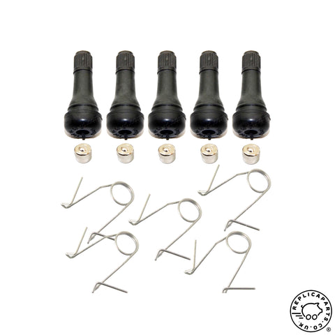 Porsche 356 Schrader Brand Valve + Cap & Retainer Clip Kit x5 For .453 Rim Holes replicaparts.co.uk